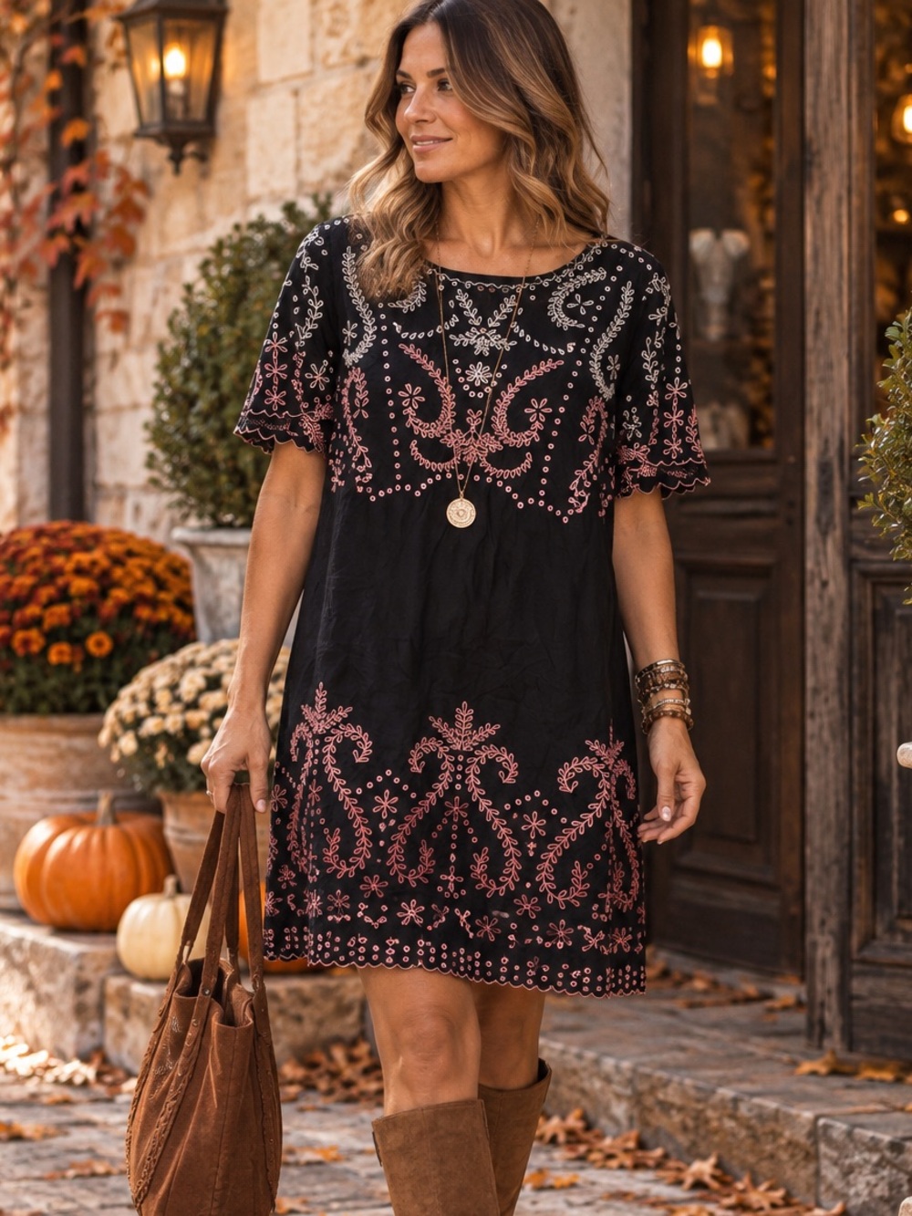 Sundance Vivienne Black Pink Embroidered Boho Dress Size 10